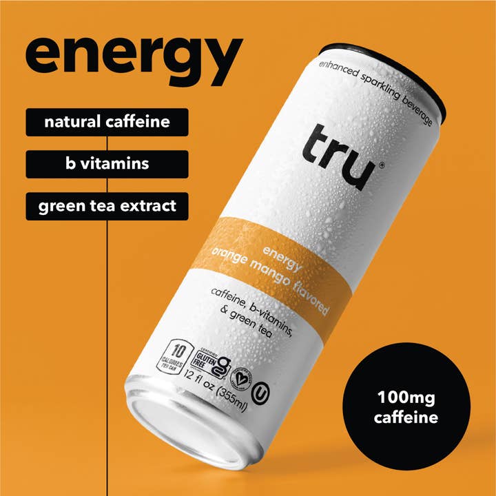 Tru - Wholesale Sparkling Water - Tru Energy Sparkling Drink, Orange Mango (Pack of 12)