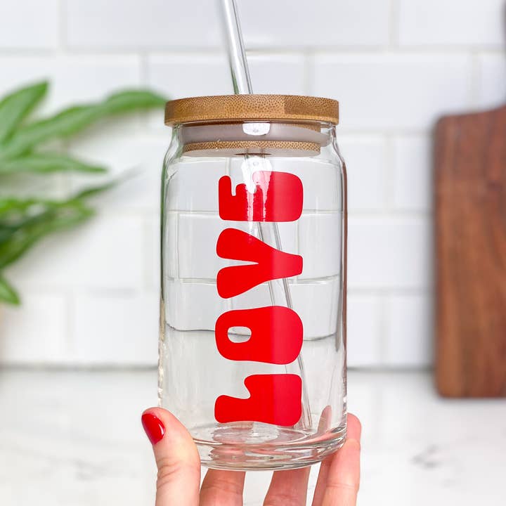 Love Iced Coffee Glass Cup, 16oz for wholesale by Bodhi Life Design
