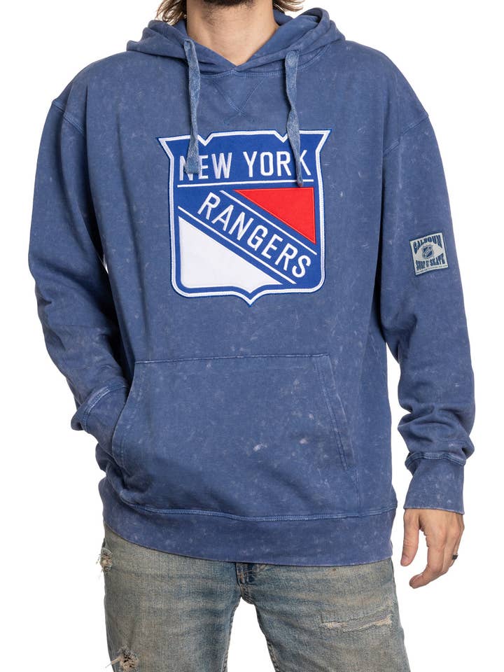 New York Rangers Felt Patch Acid Washed Hoodie for wholesale by Bench Clearers