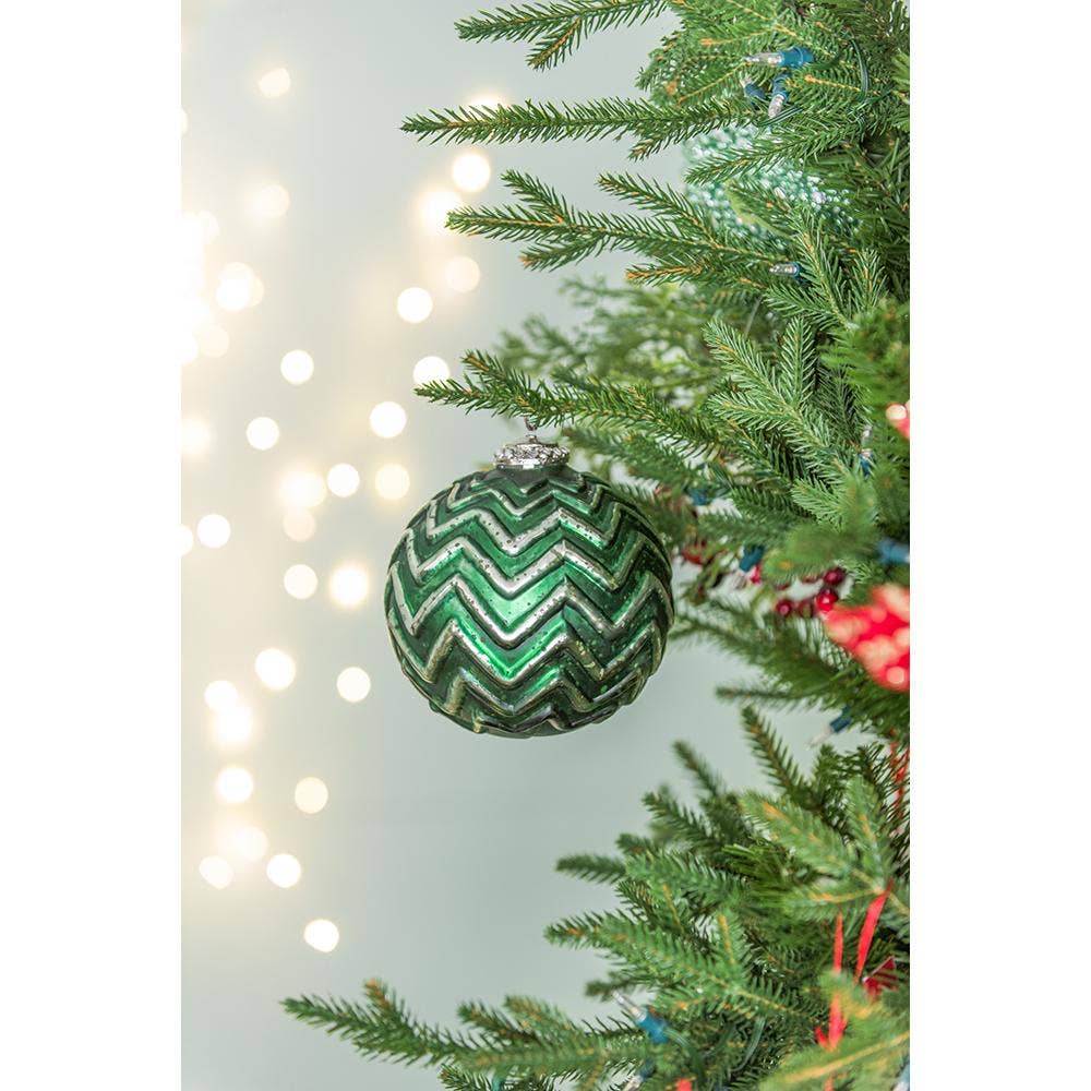 A&B Home Group Inc. - Wholesale Ornament - D5x5.5" Mercury Glass Chevron Pattern Ball Ornament - Green0