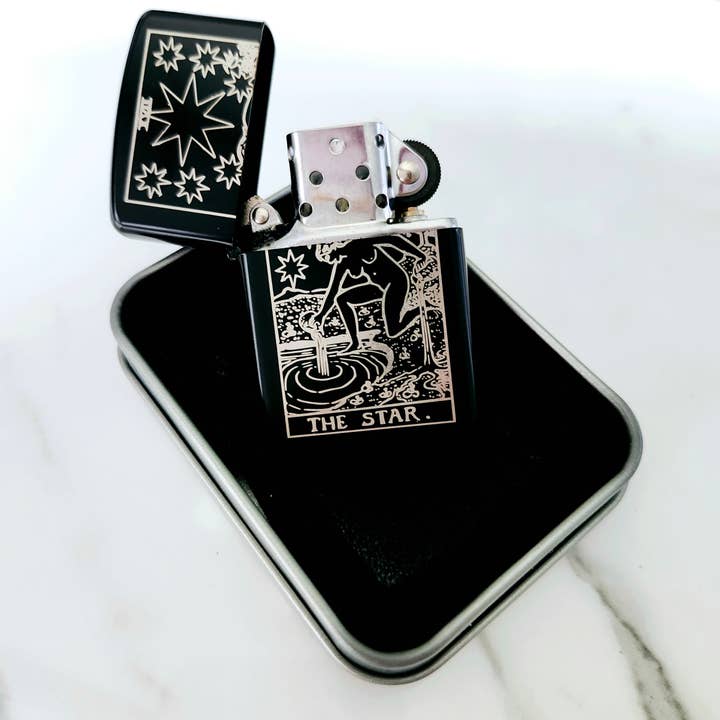 Three Witches Tea Shop - Wholesale Lighter - The Star Tarot Engraved Flip Top Metal Windproof Lighter