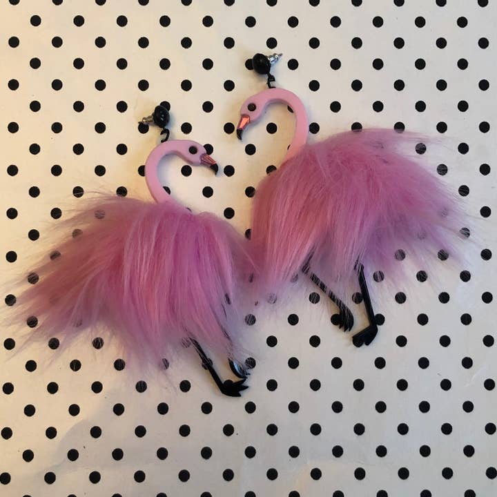 I'm Your Present – wholesale Dangle earrings – Pom Pom Fluff Pink Flamingo Earrings, Laser Cut Acrylic, Plastic Jewelry3