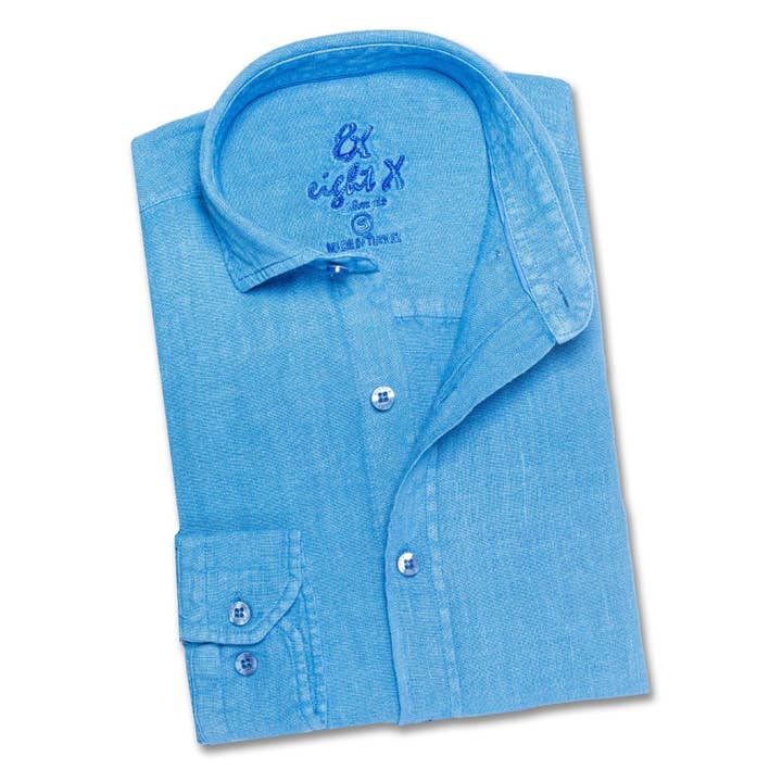 Camisa de botão linho para baixo - Azul Cerulean por atacado de EIGHT X