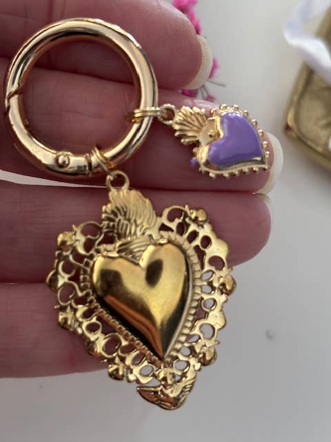 Miss DJ Angel - Wholesale Keychain – Women's - Ex-voto sacred heart charms, ex-voto bag charms, sacred heart charms gift for women, golden and purple heart charms.2