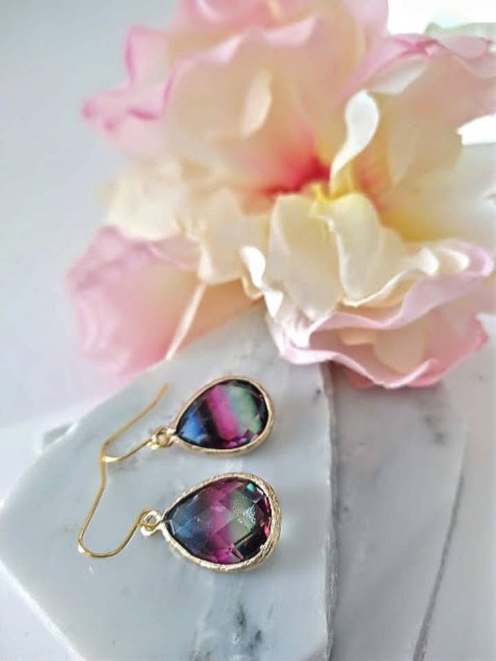 Purple Blue Green Rainbow Flourite Glass Teardrop Gold Dangle Earrings, Minimalist Style, Bridal Drop Earrings, Multi Color for wholesale by Bad Apple Designs