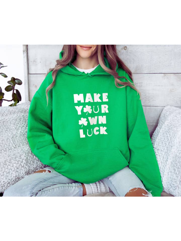 Lucky Vibes Hoodie – Green Hoodie with “Make Your Own Luck” Graphic for wholesale by The Maximalist Boutique