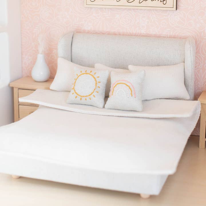 Macy Mae Dollhouse Designs - Wholesale Doll - Kids - Dollhouse Upholstered Double Bed | Off-White0