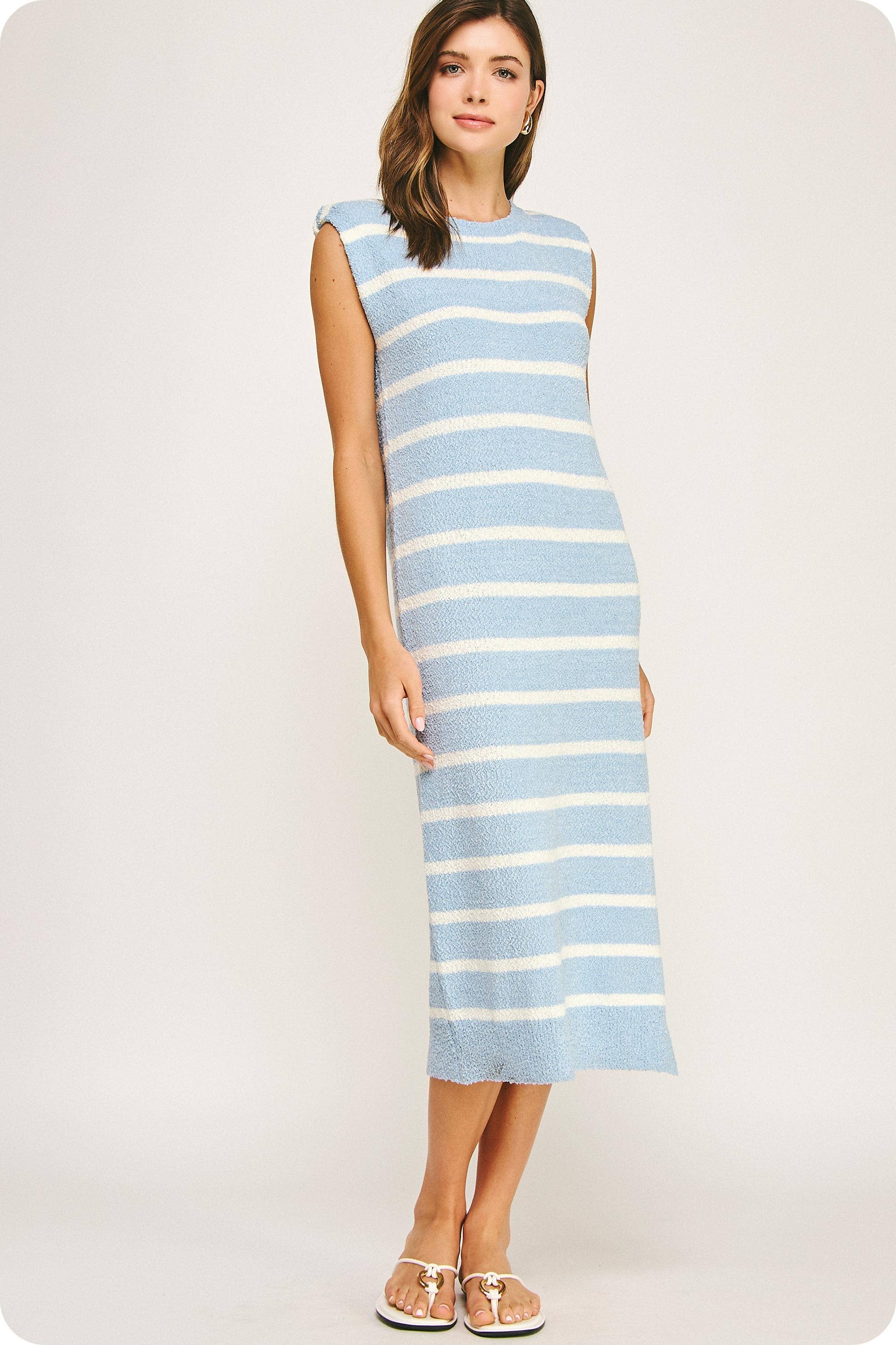 Strut & Bolt - Wholesale Dress - Women's - Shoulder Pad Sleeveless Textured Striped Knit Dress17