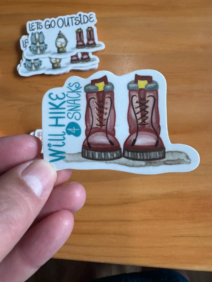 Will Hike For Snacks, Outdoorsy Stickers for wholesale by Beth Ann Erickson Designs