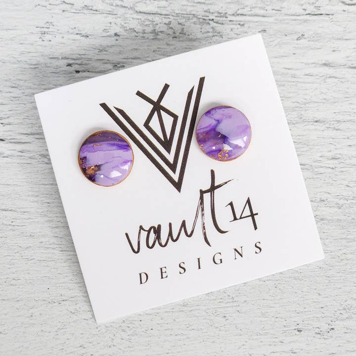 Faux Amethyst Circle Stud Earrings for wholesale by Vault 14 Designs, LLC