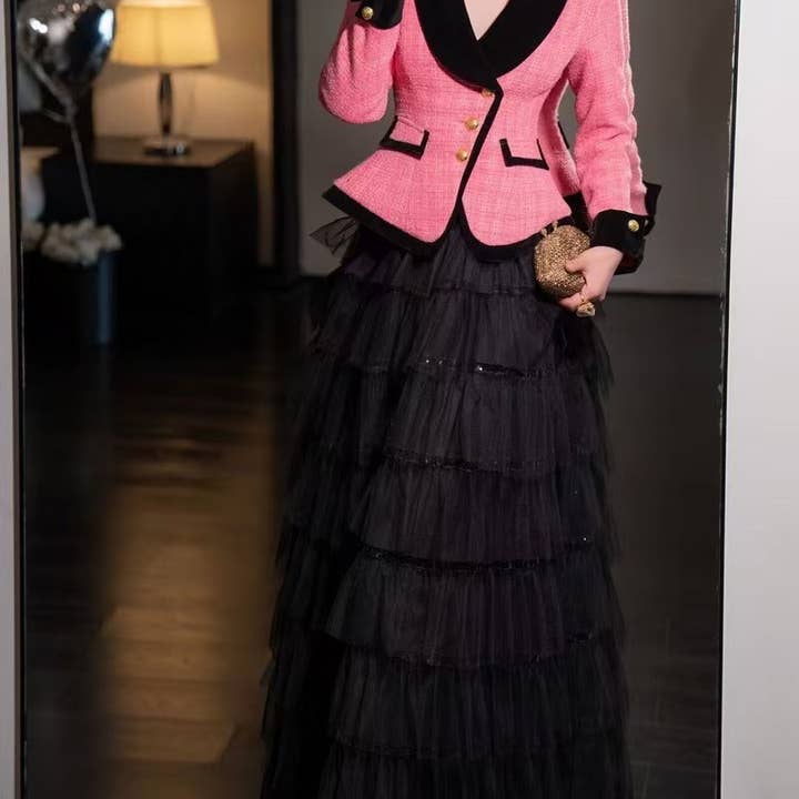 Color as pictures SY314 Elegant Tweed Jacket with Mesh Sequined Maxi Skirt for wholesale on Faire