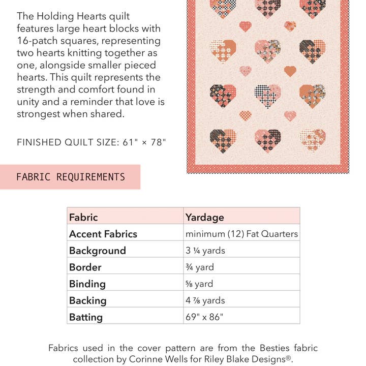 Frannie B Quilt Company - Wholesale Craft sewing kit - Holding Hearts Quilt - Paper Pattern1