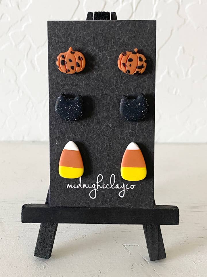 candy corn örhängen, stud set, halloween örhängen, katter för wholesale av midnightclayco