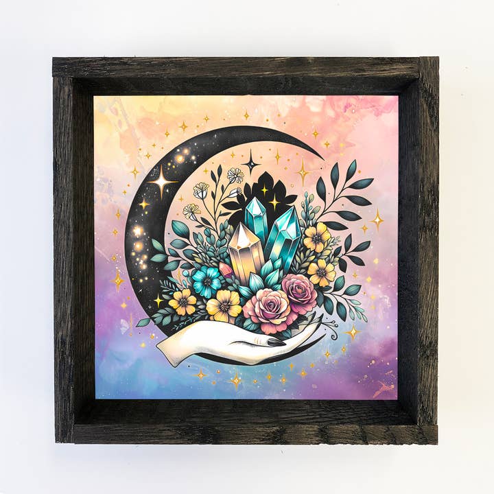 Hangout Home - Wholesale Art Print - Celestial Moon Hand - Moon Canvas Art - Wood Framed Decor
