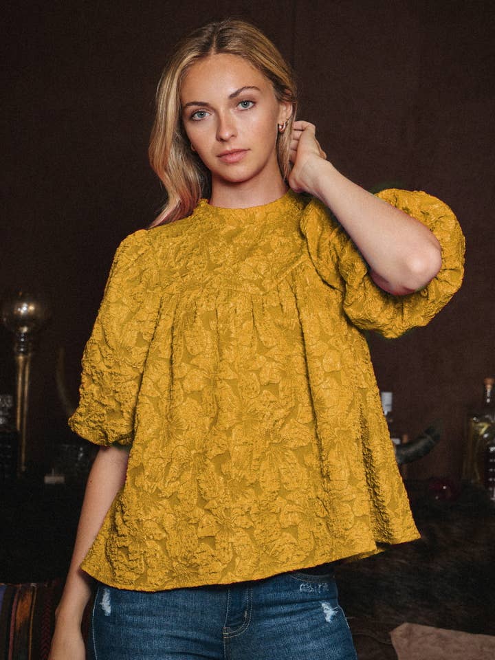 Oddi - Wholesale Blouse - Women's - Plus Floral Jacquard Balloon Sleeve Blouse