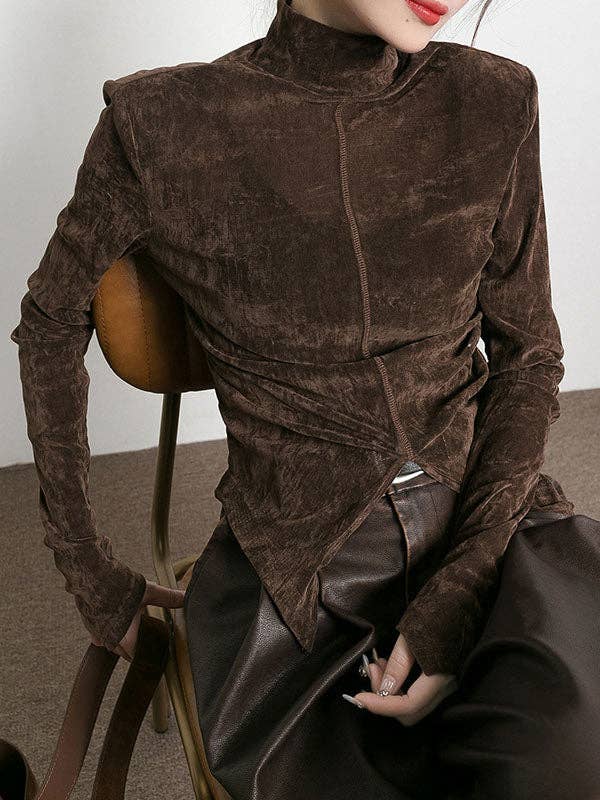 Sheer Trend - Venta al por mayor Blusa - Mujer - Camisetas de cuello alto y bajo de terciopelo de color liso con abertura en la parte delantera11