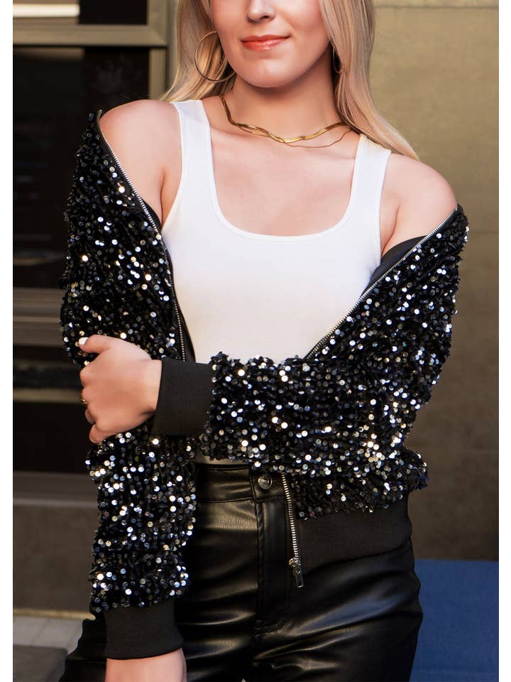 Anna Kaci Wholesale - Wholesale Jacket - Women's - Women's Sparkly Sequin Jacket Glitter Long Sleeves Front Zip1