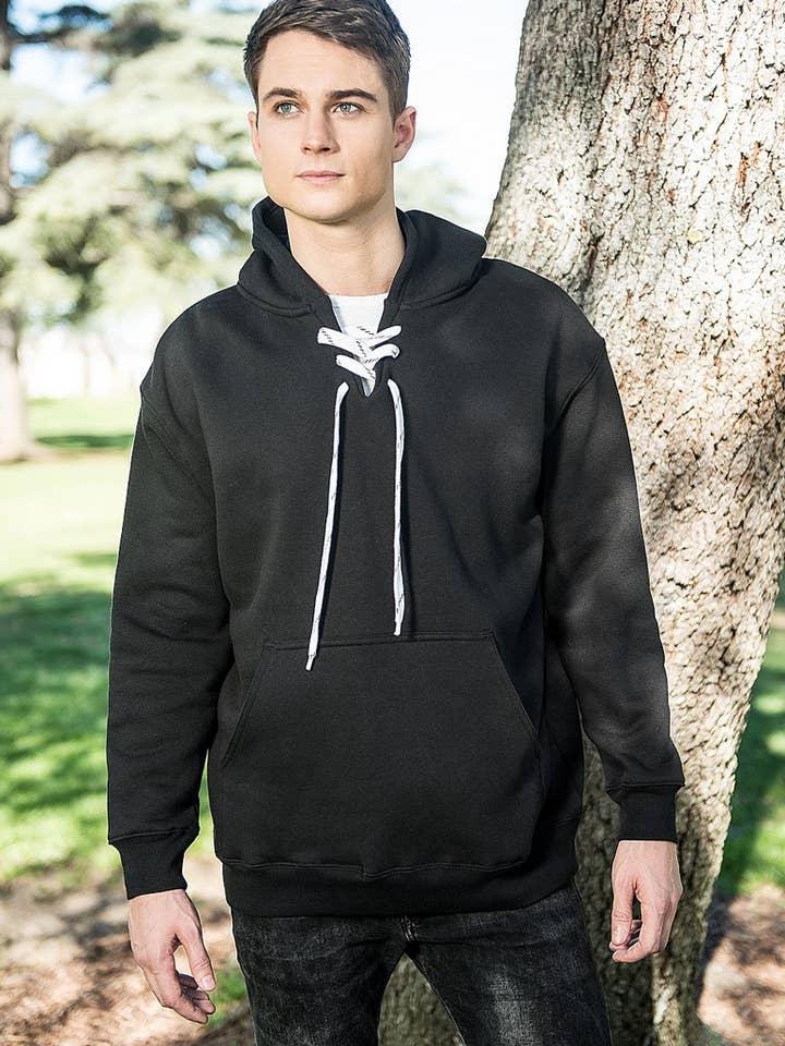 9801 12 oz. Unisex Hockey Style Hooded Pullover Sweatshirt with Laces for wholesale by Vos Sports Inc.