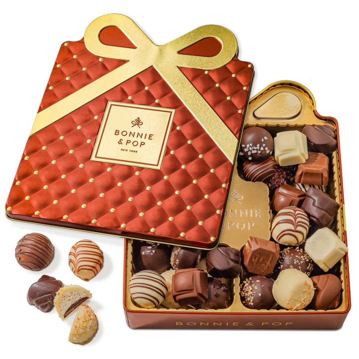 Bonnie & Pop - Wholesale Chocolate Box - Gourmet Chocolate Gift Box – Elegant Bow Tin with Belgian Truffles- Copper