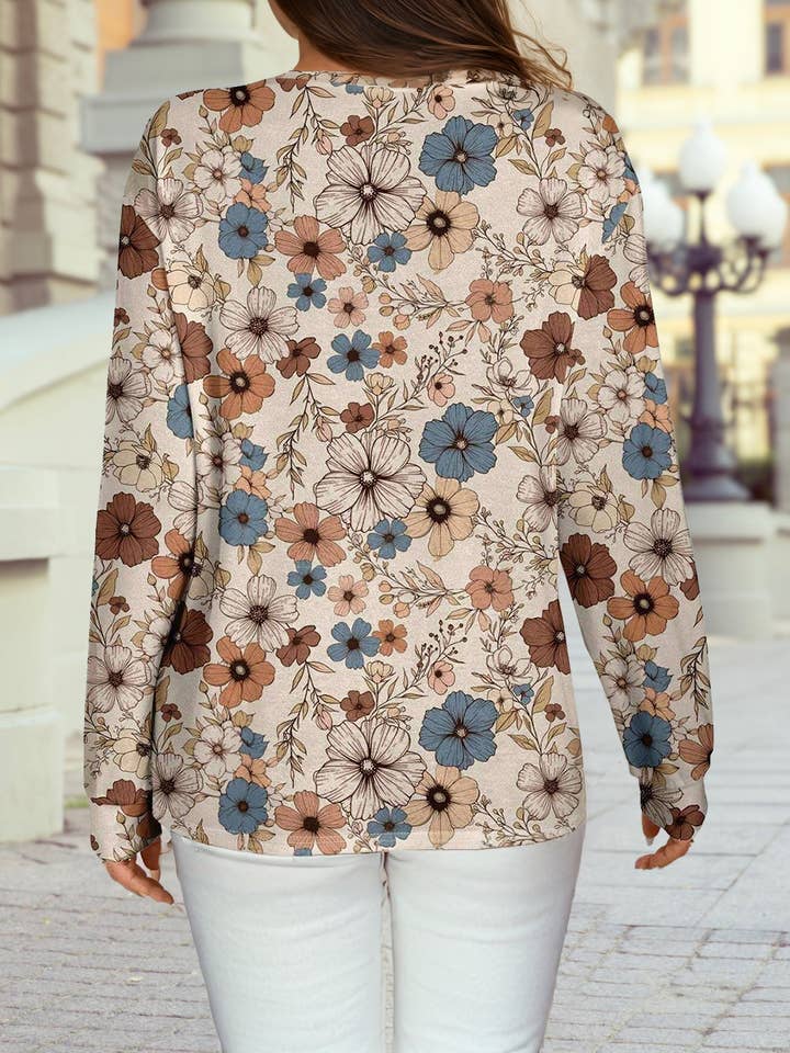 Khaki Floral Print Loose Crew Neck Long Sleeve T Shirt for wholesale on Faire
