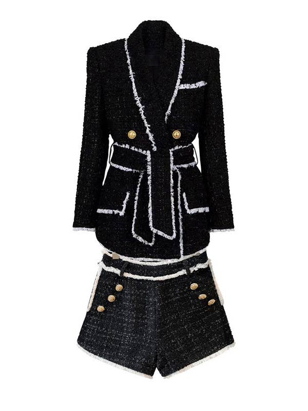 Productseeker - Wholesale Suit set – Women′s - SET018 Tweed Blazer And Short Set Fomal Blazer Set Two Piece