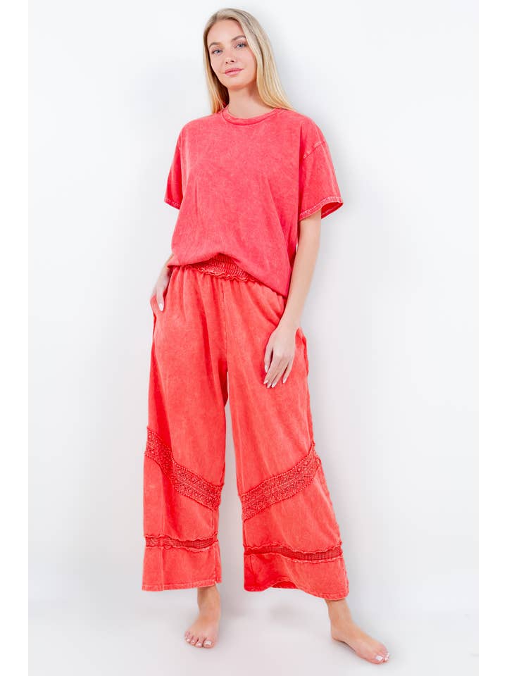 J.Her - Wholesale Pants - Women's - MineralWash Wide leg Pants with Boho Trims HP5716.