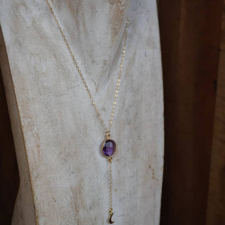 14K Gold Filled Amethyst Crescent Moon Necklace || Lariat for wholesale by Daddy Daughter Jewelry