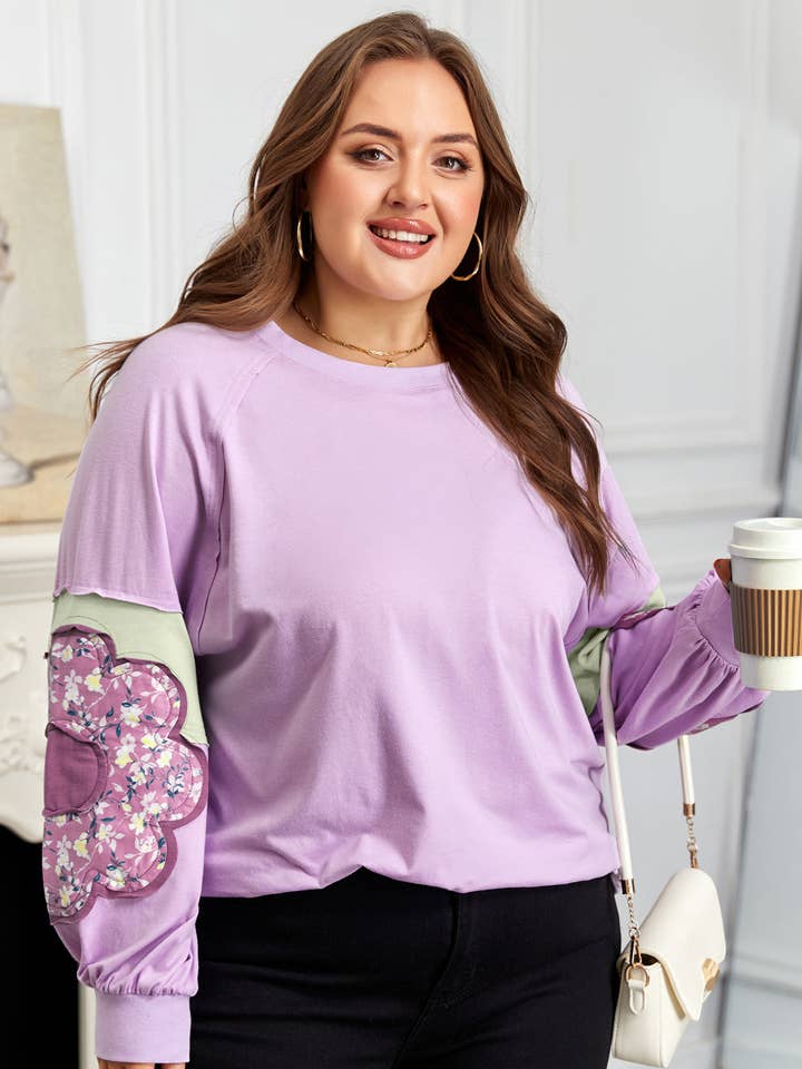 Camisola Colorblock Tamanho Grande com Estampa de Flores Phalaenopsis por atacado de Sweet Lover Fashion