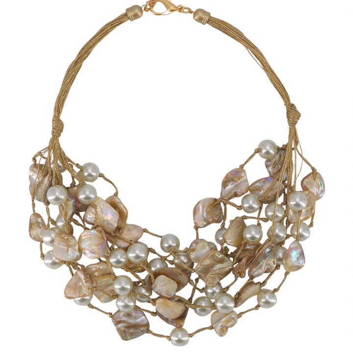 Coastal Pearl & Shell Multi Strand Necklace | Boho Statement for wholesale by Bijoux Envie Statement Jewelry