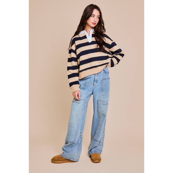 TAUPE NAVY STRIPE COLLARED CROP RUGBY SWEATSHIRT for wholesale on Faire3