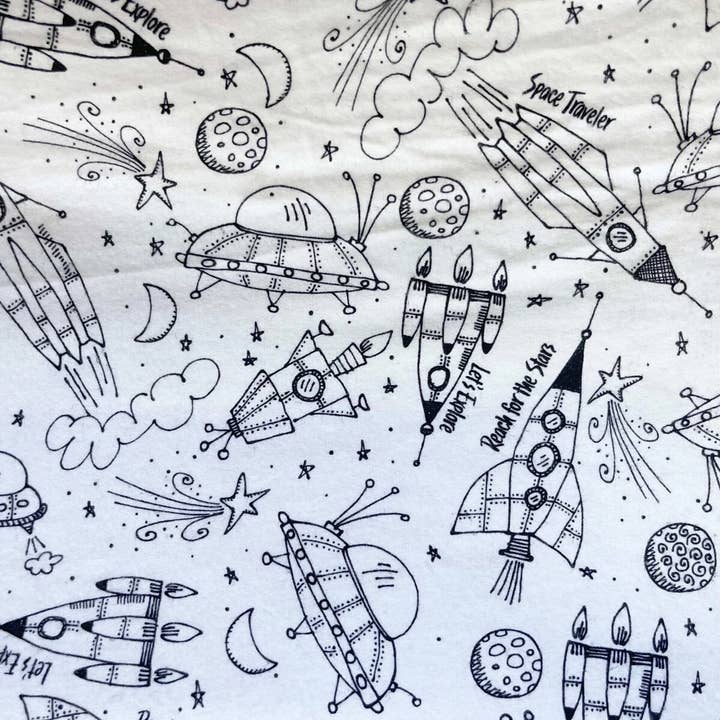 2m 100% Cotton Space Craft on White Brushed flannel Fabric for wholesale by Thimbles Fabrics And Crafts