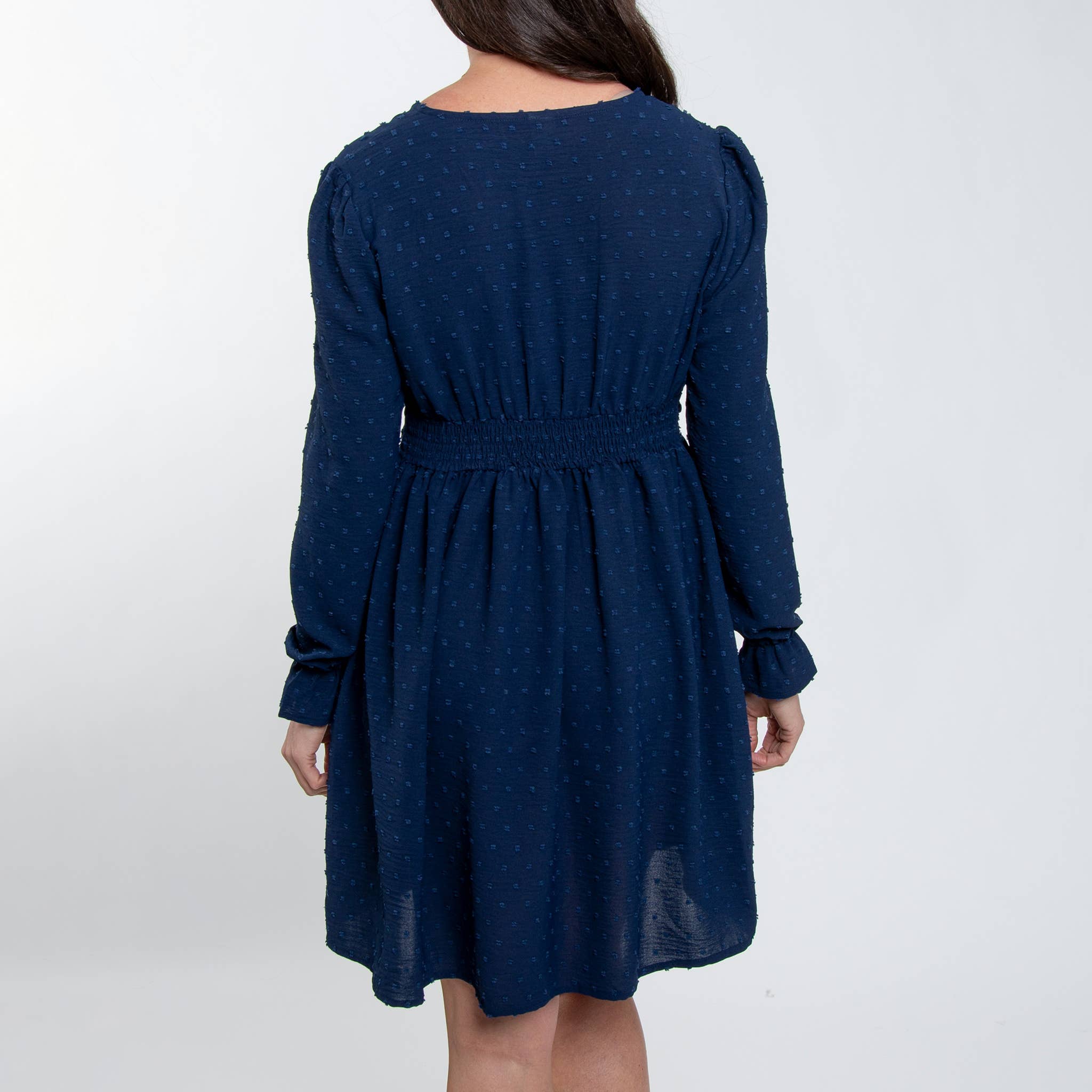 Elsie & Zoey - Wholesale Dress - Women's - Hayden Swiss Dot Long Sleeve Ruched V-Neck Dress5