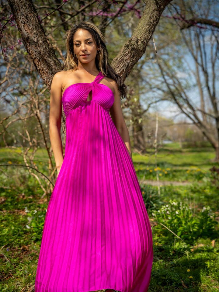 Fuchsia Gudinna Plisserad Maxiklänning för wholesale av Nina Cheyenne Apparel