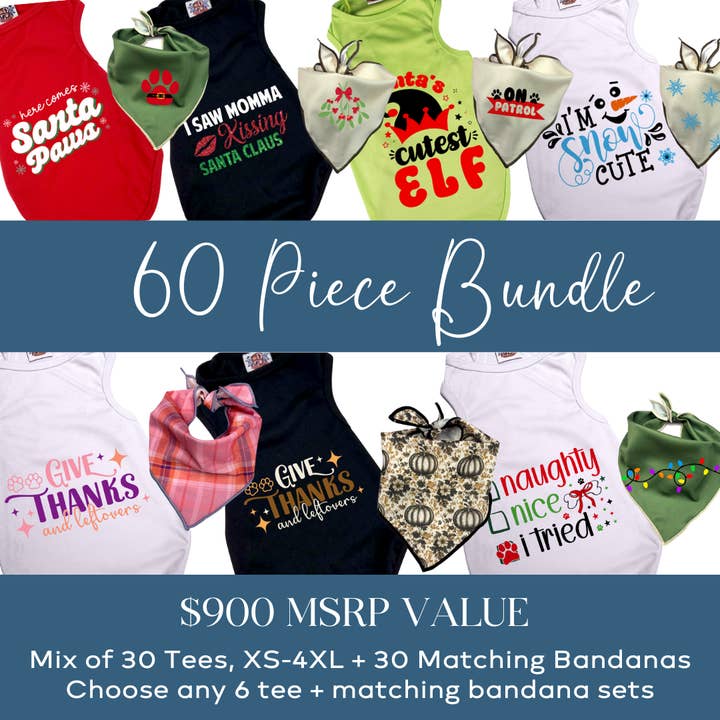Pet Holiday Tee & Bandana Bundles-24 Pieces $204, $528 MSRP for wholesale by House of FurBaby