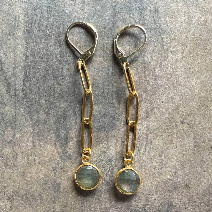 Gold Paper Clip Chain Earrings with Labradorite Charm for wholesale by Carley King Jewels
