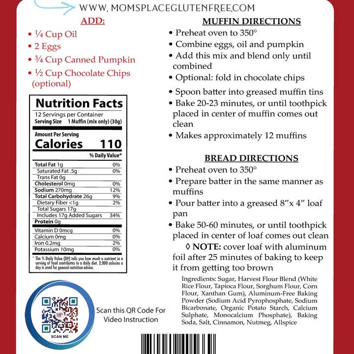 Mom's Place Gluten Free - Wholesale Bread Mix - Gluten-Free Pumpkin Harvest Bread or Muffin Mix