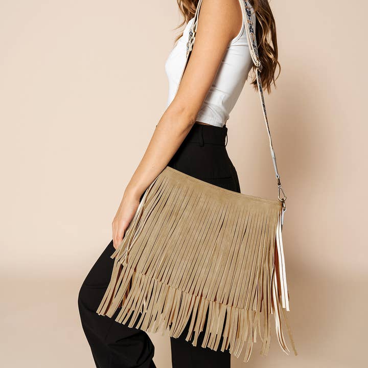 Jen & Co. - Wholesale Crossbody Bag - Women's - *SALE* M2045 Sadie Suede Fringe Crossbody w/ Guitar Strap