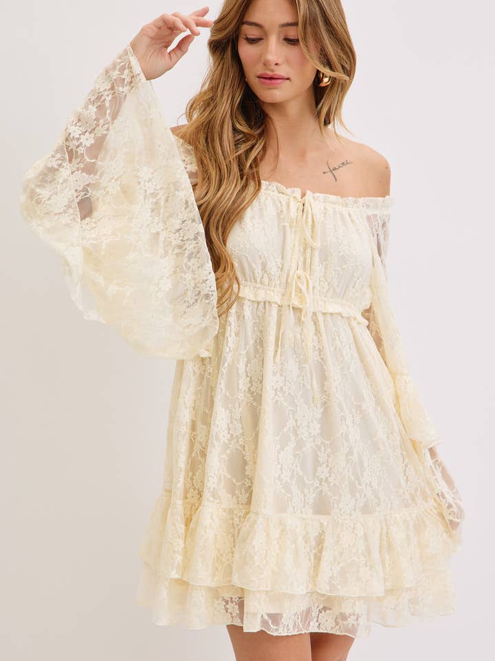 VANILLA RUFFLE LAYERED BELL SLEEVE LACE DRESS for wholesale on Faire