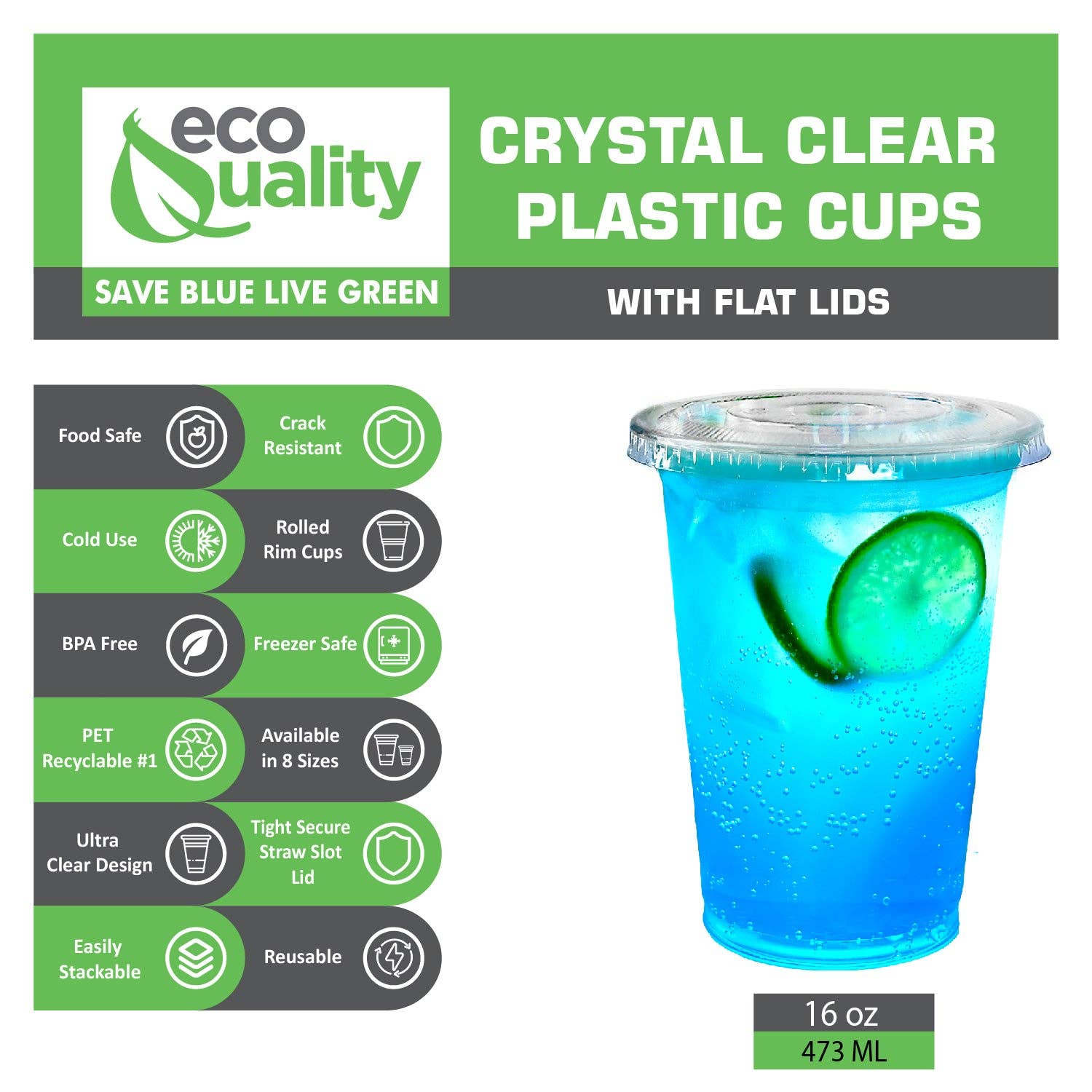 EcoQuality - Wholesale Disposable Cup - 16oz Disposable Pet Clear Plastic Smoothie Cups Clear Flat1