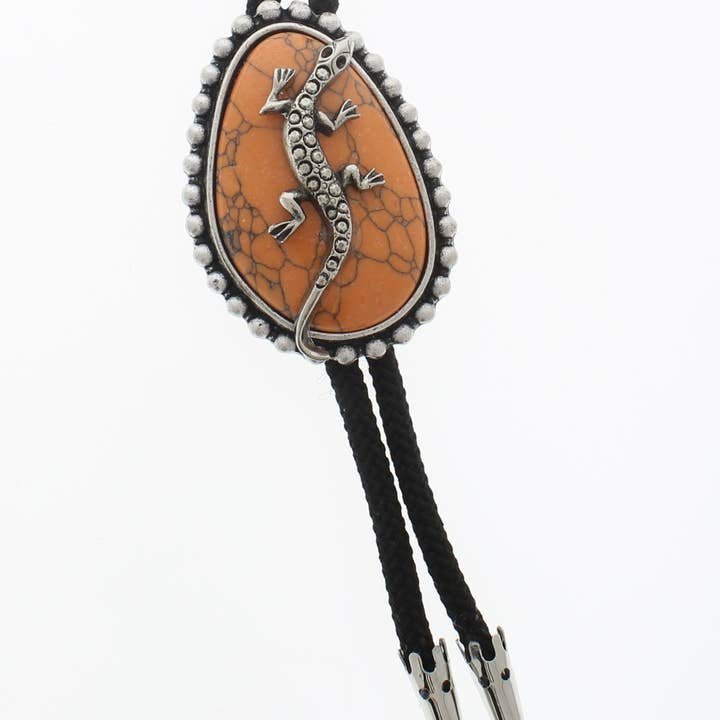 Orange Coral Stone Bolo Tie with Lizard Motif, each for wholesale by HHH Designs