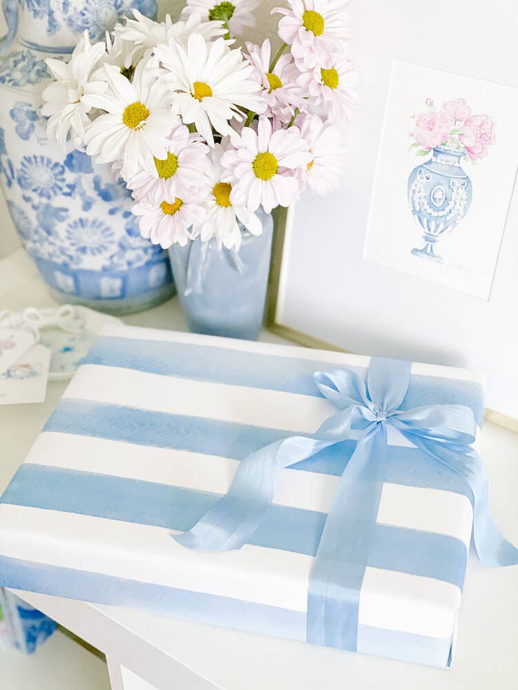 Simply Jessica Marie - Wholesale Flat Wrap - PRE-ORDER Blue Striped Watercolor Wrapping Paper 3 Sheets3