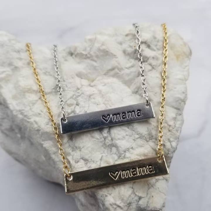Mama Engraved Bar Necklace Gold or Silver for wholesale by The Pretty Jewellery