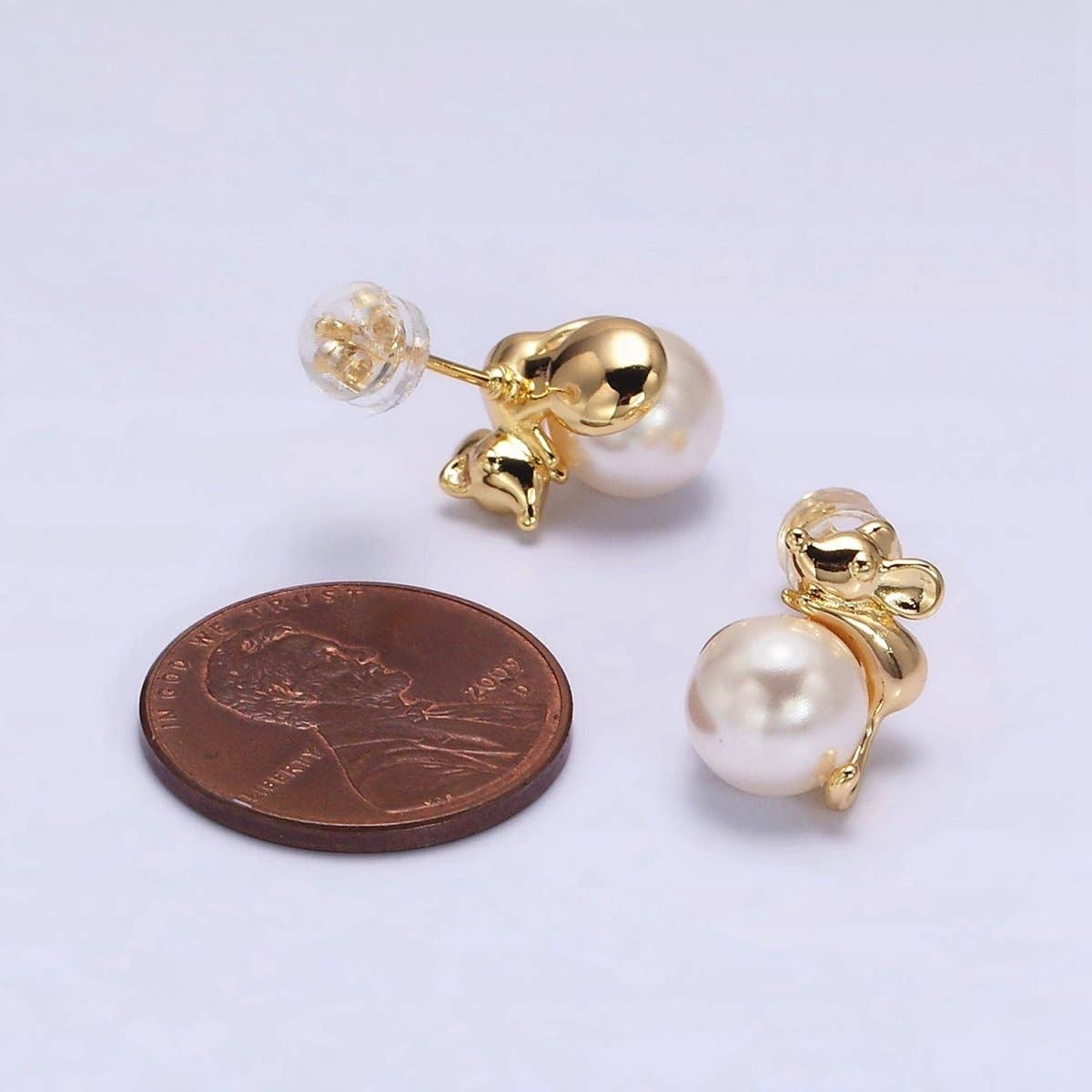Aim Eternal – wholesale Stud/post earrings – 16K Gold Filled Round White Pearl Mouse Mice Animal Stud Earrings in Gold & Silver | AE556 AE5574