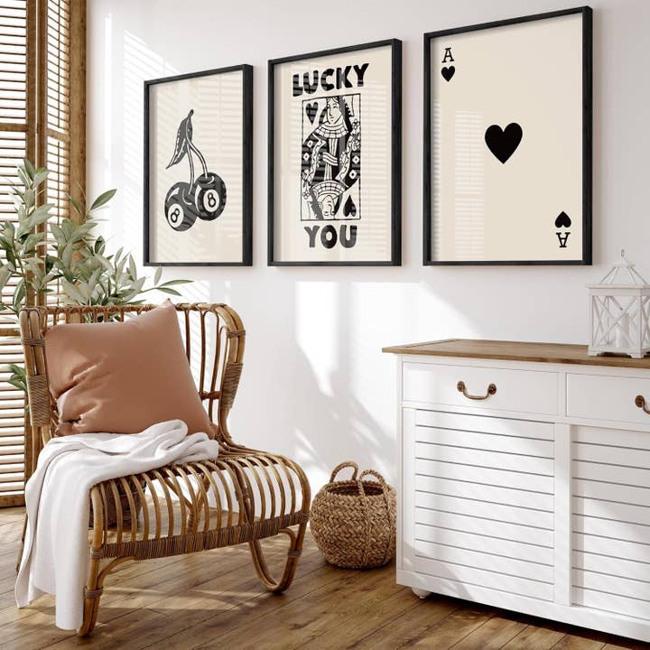 Black Framed Set of 3 Poker Wall Art Lucky You Poster, Trendy Retro Print Wall Decor for Queen of Hearts Wall Art Rustic Vintage Farmhouse Home Wall Decor(Black 12"X16") for wholesale on Faire