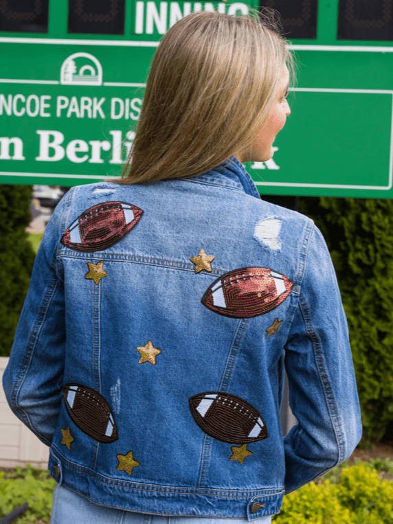 Game Day Jacket, Blue Denim, Football Explosion for wholesale by Moving Forward Designs