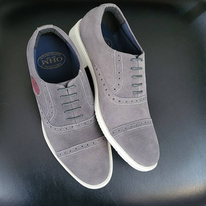 Gray Executive All Day Comfort Oxford Leather Shoes Grey with Embossed Logo for wholesale on Faire