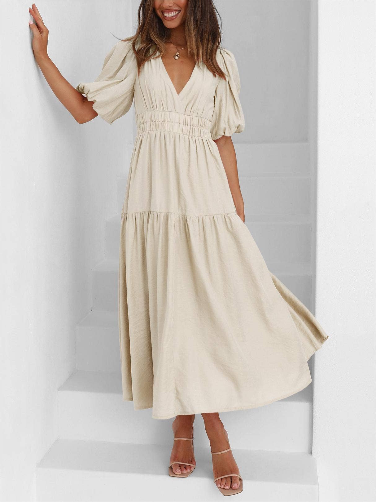HIDDENBRAND - Wholesale Dress - Women's - V neck puff sleeves maxi dress3
