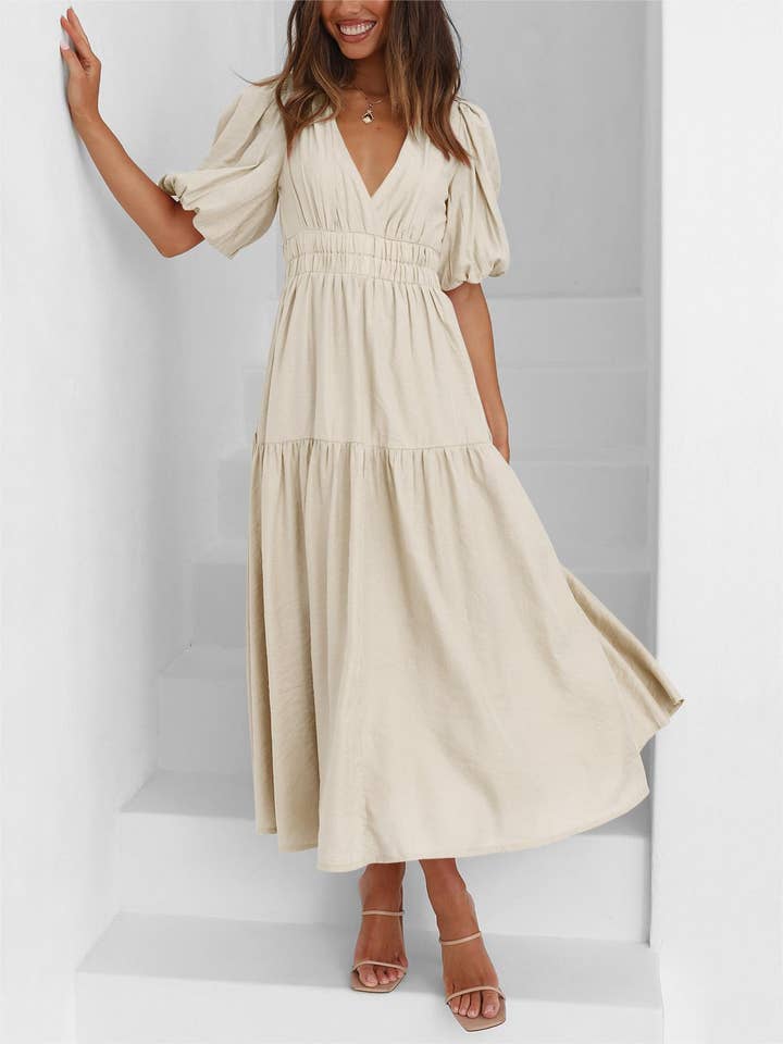 HIDDENBRAND - Wholesale Dress - Women's - V neck puff sleeves maxi dress3