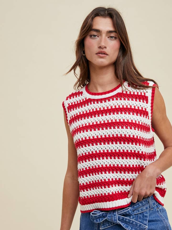 WHITE RED STRIPED CROCHET TANK TOP / WL24-9782 for wholesale on Faire