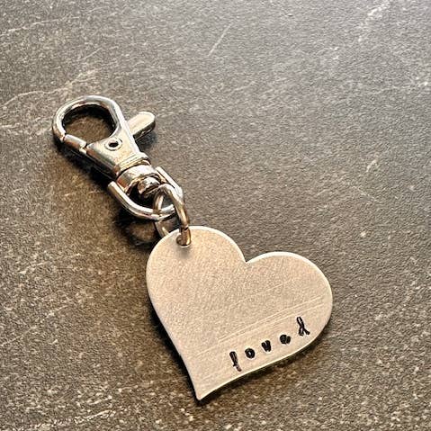 Loved Hand Stamped Heart Metal Key Chain for wholesale by Seize The Night Designs